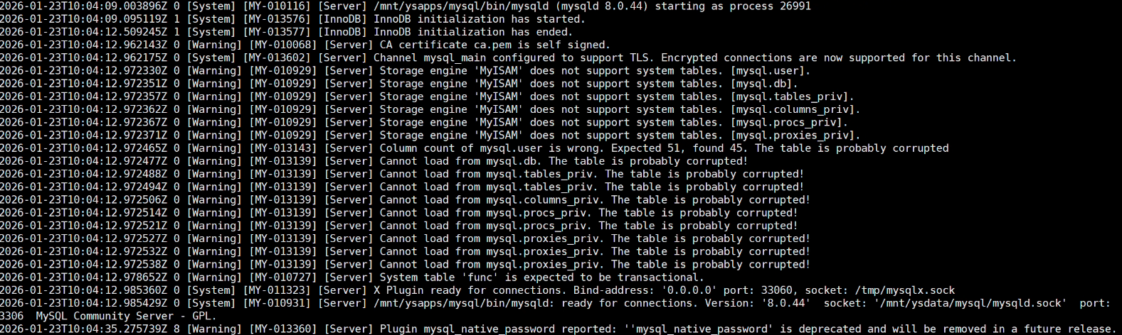 系统表不支持'MyISAM'存储引擎